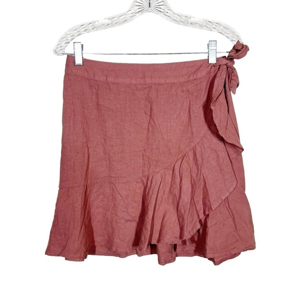 Free People Womens Ruffle My Feathers Mini Wrap Linen Skirt in Rose Pink Size 4 - Picture 3 of 8